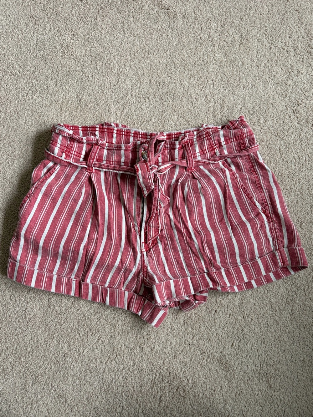 American Eagle Red Striped Paperbag Waist Shorts